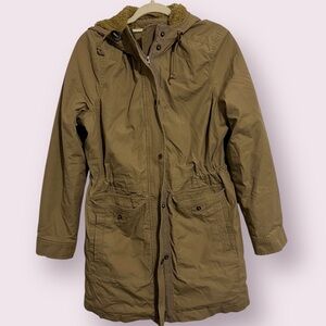 LL Bean Utility Zip Barn Jacket Faux Fur Lined Tan Warm Cargo Style Jacket